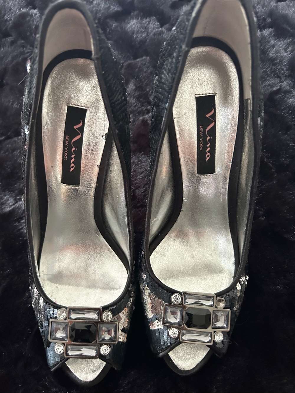 Nina Black Sequin Peep-Toe Heels with Crystal Jewel Accent